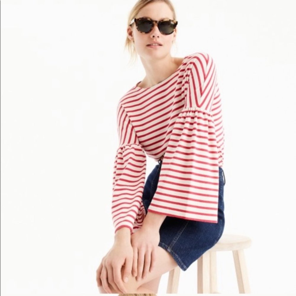 J.Crew | Red White Strip Long Bell Sleeve Blouse Shirt Women’s Size XXS